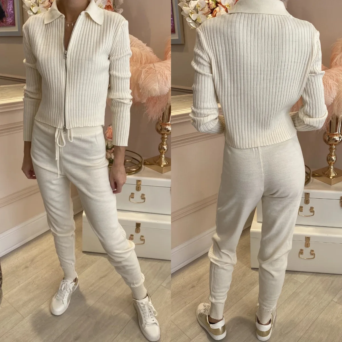 
Knit Loungewear High Quality Ladies Custom Comfy Ribbed Knitted Zipper Top Pants Set Loungewear Knit 2 Piece Set Womens Sweater 