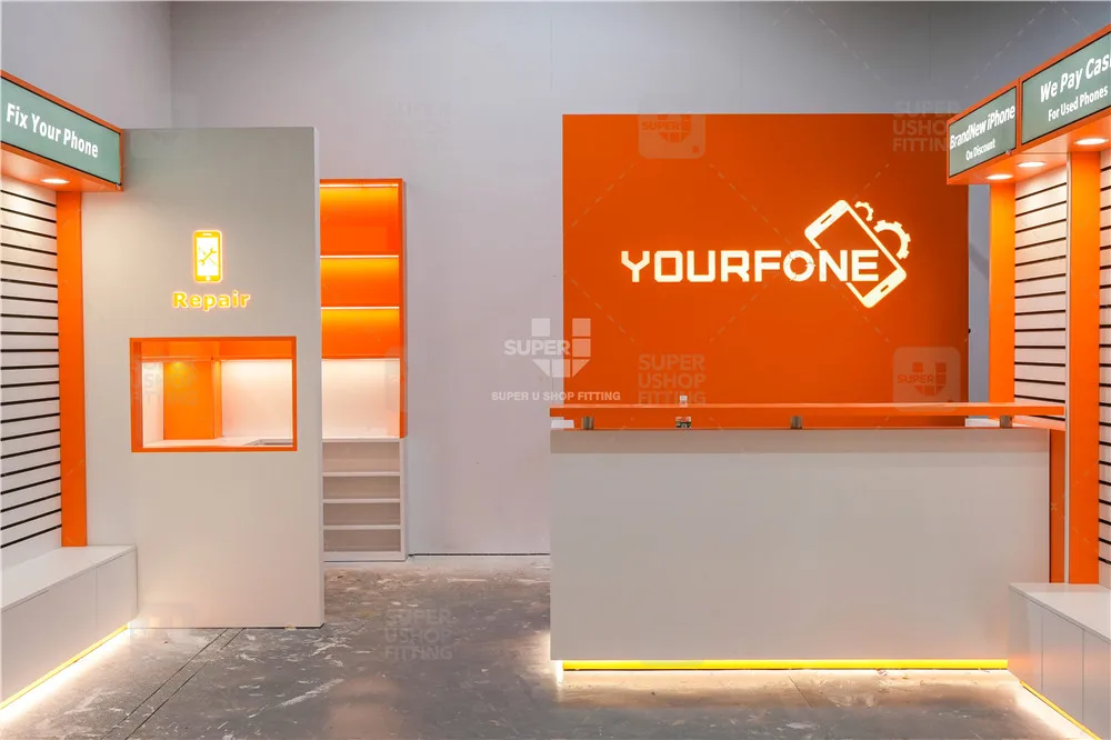 Custom Cell Phone Repair Store Decoration Electronics Phone Accessories Glass Wall Display Cabinet Mobile Phone Shop Display