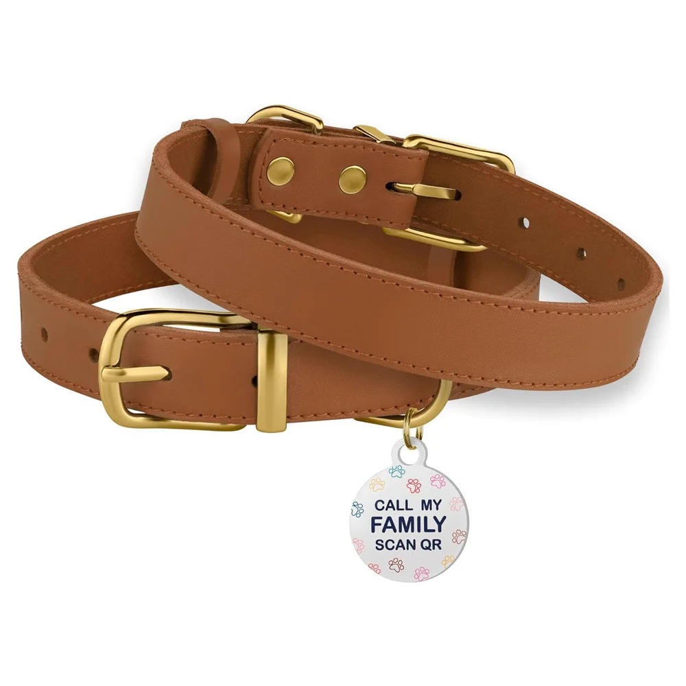BRONZEDOG Leather Dog Collar with QR ID Tag Basic Pet Collars for Small Mini Dogs Cats Puppies