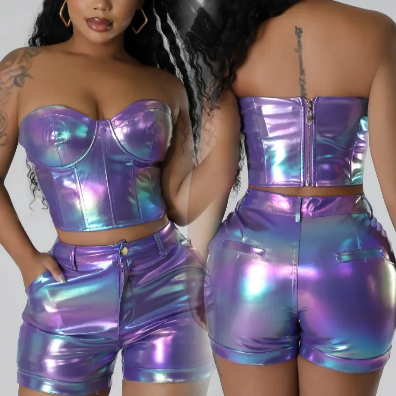 Gild Sets For Women 2 Pieces Summer Clothes Sleeveless Tops With Zipper Sexy Outfits Pu Leather Shorts And Tube Top Set