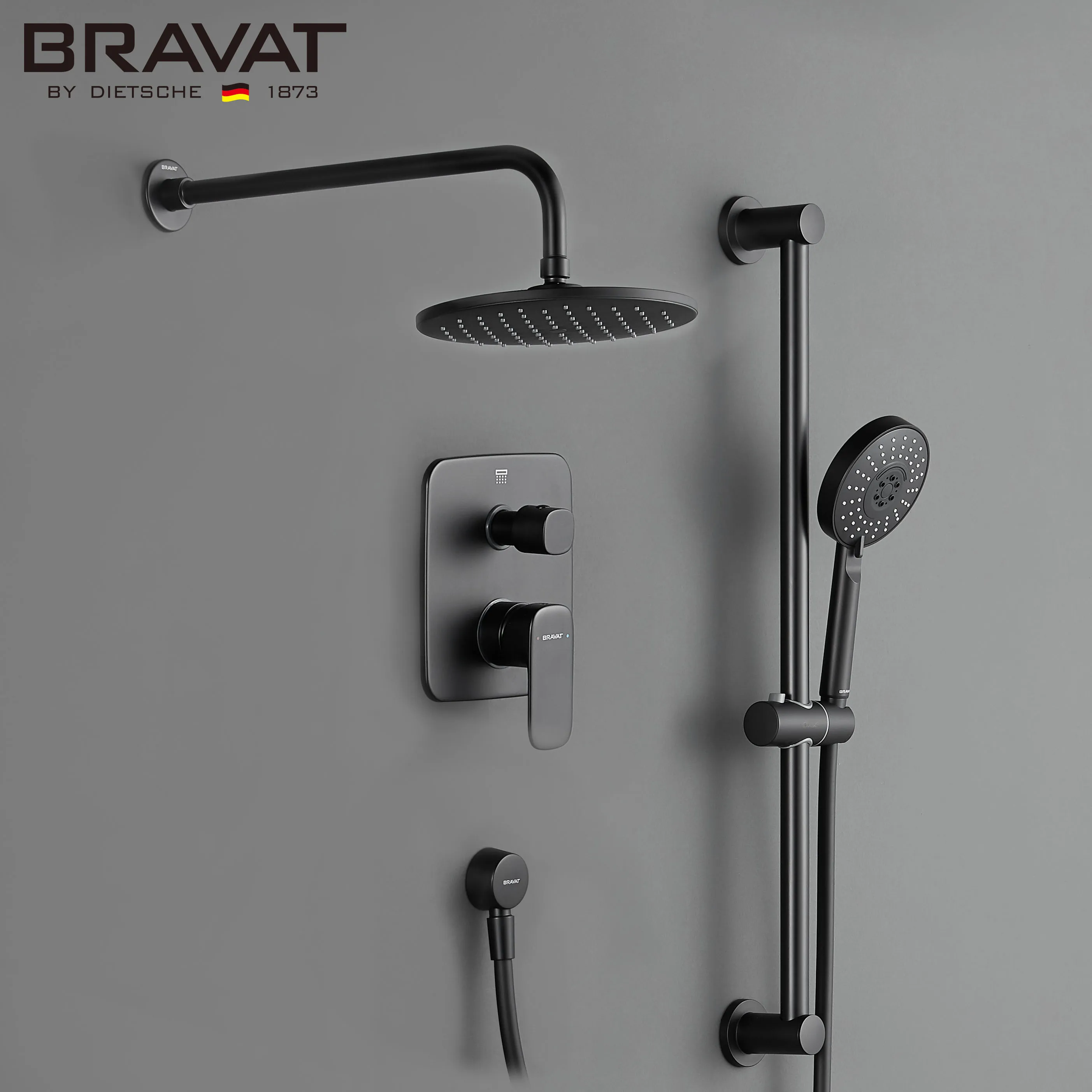 Bravat all copper Matt black flush mounted wall shower shower set two function embedded shower faucet