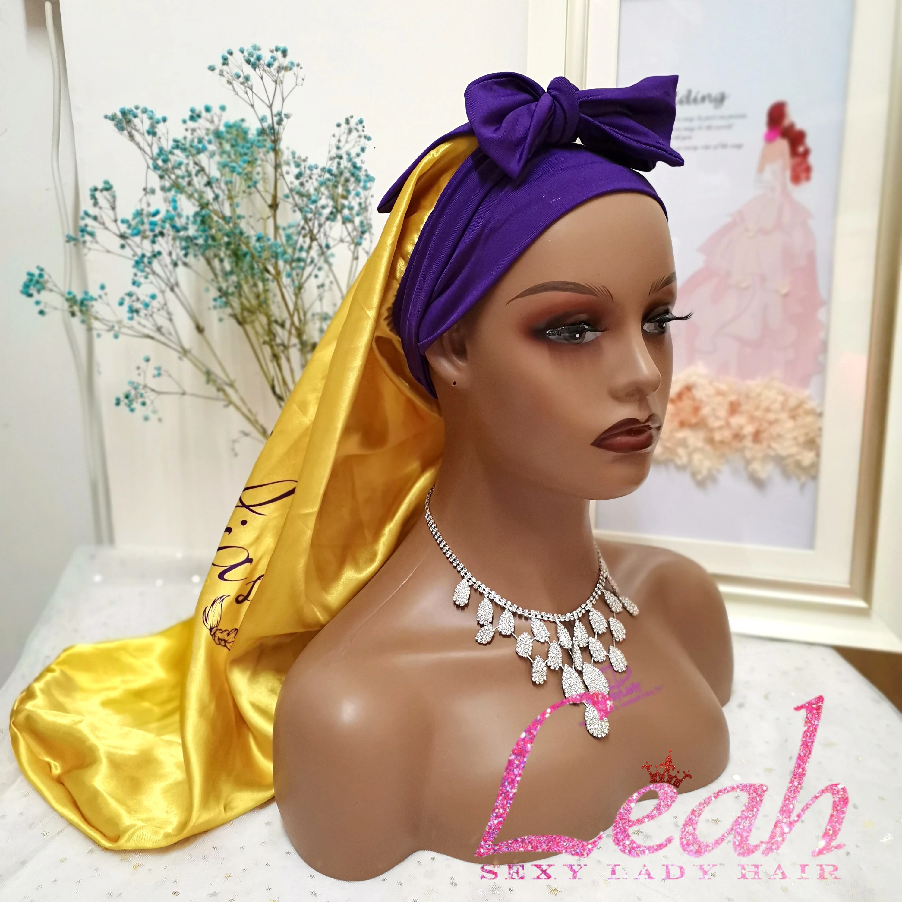 Custom Repeated Logo Soft Stretchy Fiber Wide Elastic Band Full Logo Silk Long Braids Bonnets