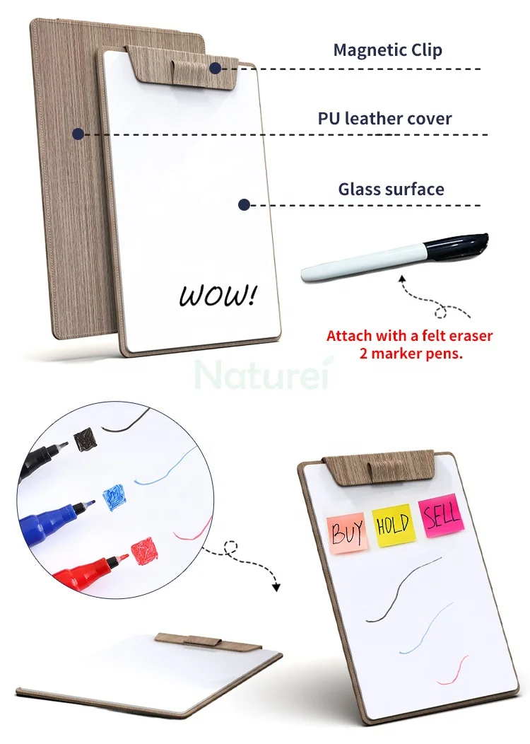 Dry-erase with magnetic splint integrated multi-purpose portable glass white board with PU cover