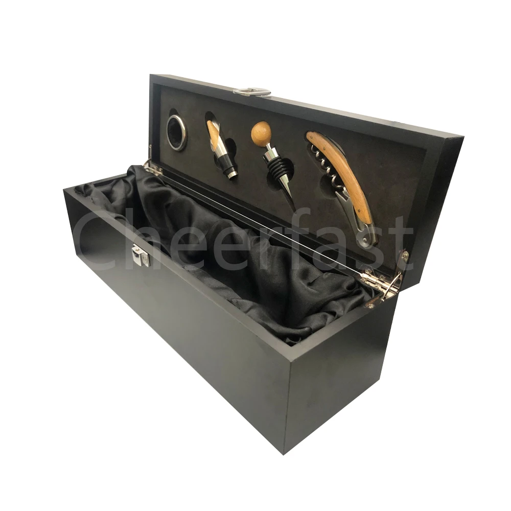 Самая популярная 4 шт. вина инструменты аксессуары и красное вино подарочная упаковка внутри черный MDF деревянная одиночная коробка для бутылки вина