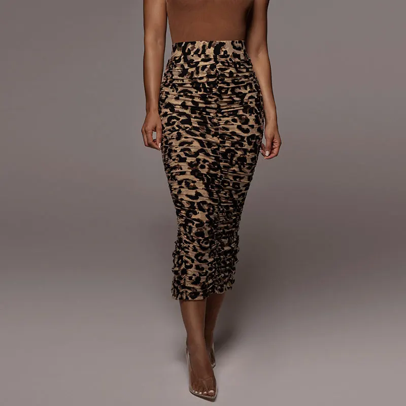 2022 Summer midi skirts with LEOPARD HALOW RUCHED SKIRT