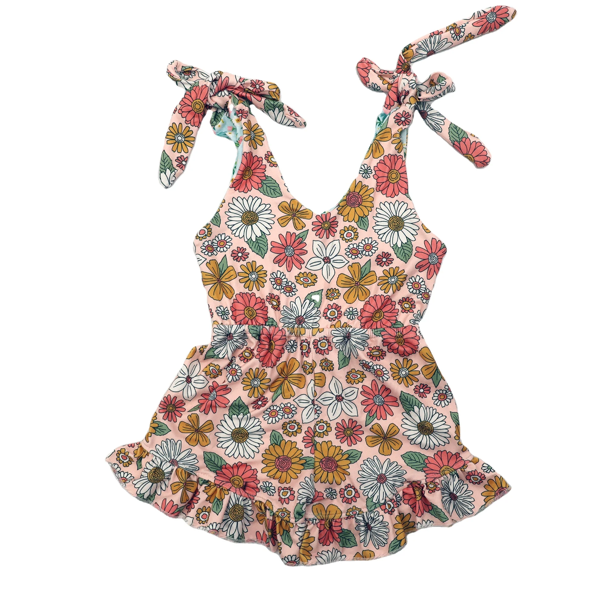 Qingli Oem Hot Selling Fall Floral Print Tie Up Sleeve Baby Girls Newborn Ruffle Jumpsuit Romper