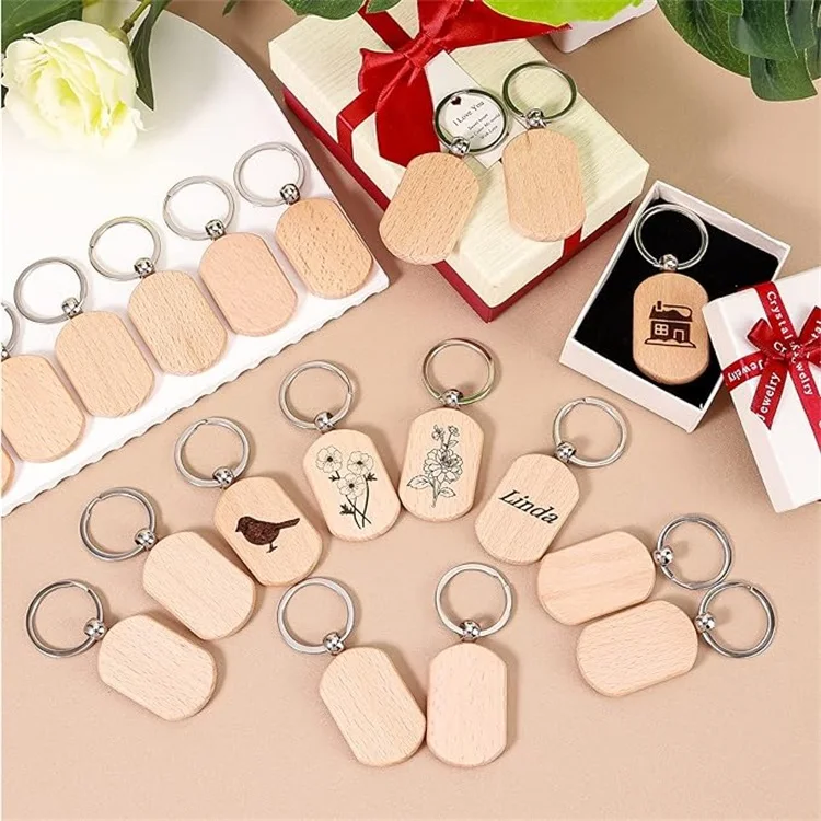 Оптовая продажа сублимационная лазерная гравировка деревянные прямоугольные заготовки с индивидуальным логотипом брелок для ключей деревянная цепочка гравировки