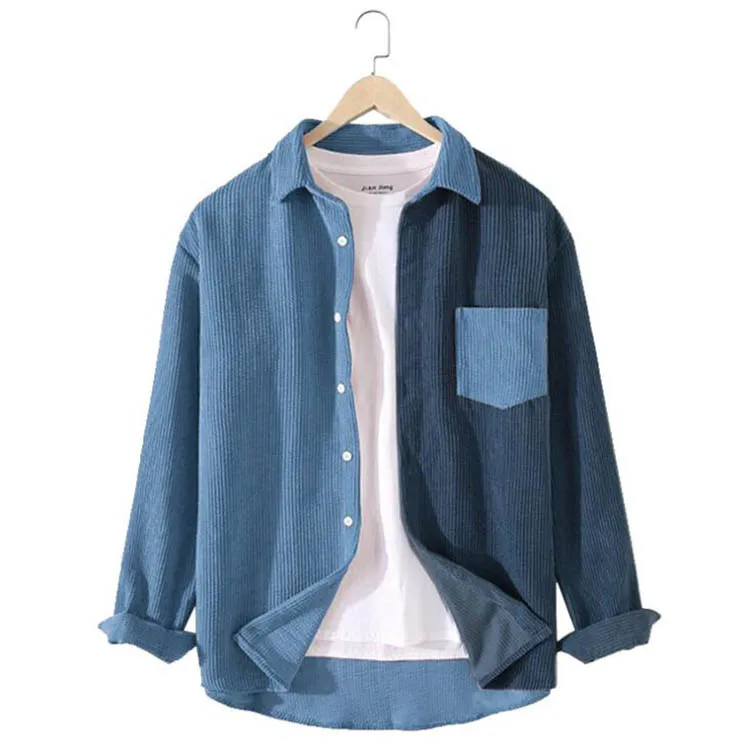2022 Autumn Mens Contrast Patchwork Shirt Casual Corduroy Youth Premium Top Streetwear Men Lapel Pocket Long Sleeve Shirt
