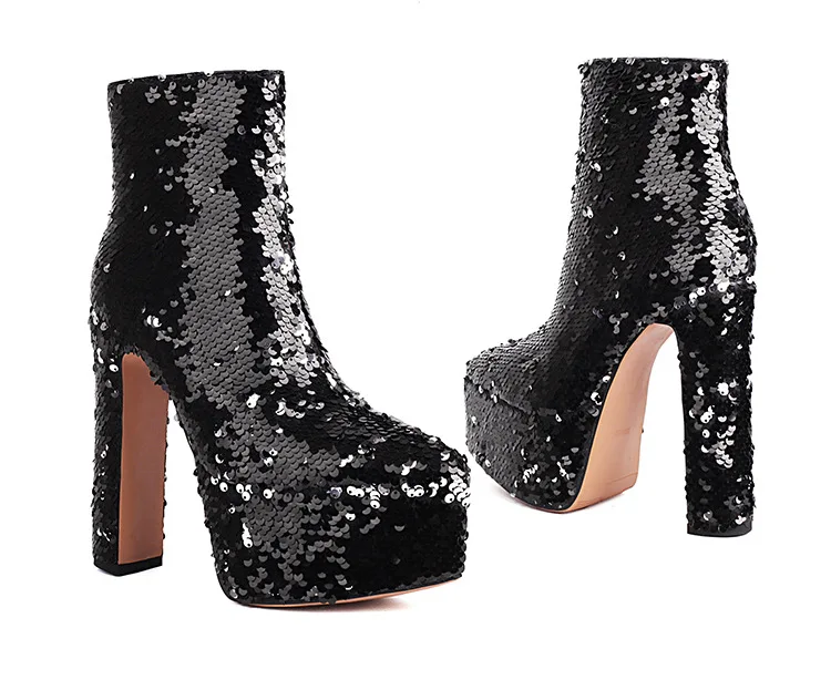 PDEP 2023 chunky platform high heel boots for women slip on with zipper luxury sequin shining ladies ankle boots shoes