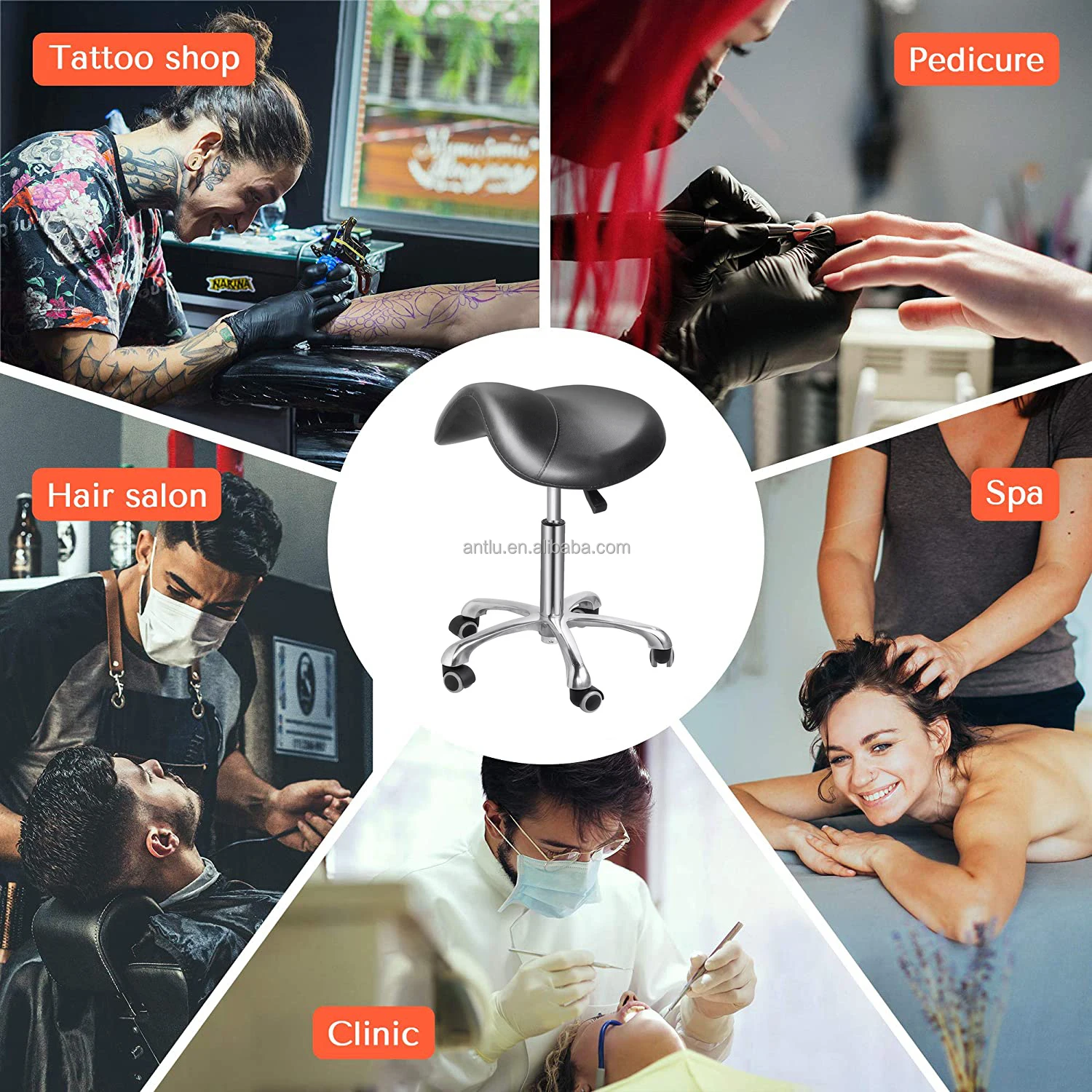 Ergonomic Black Adjustable Saddle Rolling Dental Stool Master Office Chair Barber Beauty Salon Saddle Stool