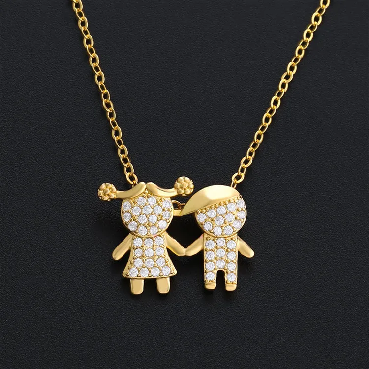 Best Friend Gift New Design Copper Cute Boy Girl Necklaces Women Hand In Hand Children Zircon Necklace Family Jewelry