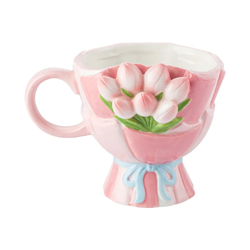 360ml Ins Korean 3D Relief Hand Pinched Irregular Tulip Flower Oatmeal Breakfast Mug Drinkware Ceramic Coffee Tea Cup Mugs