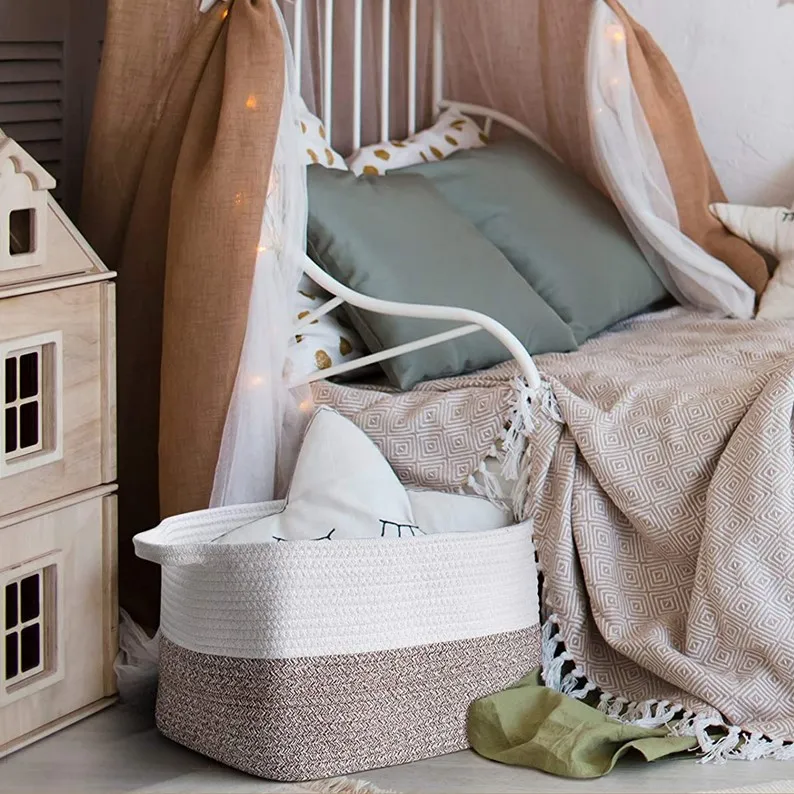 Set of 3 Woven Storage Basket Large Cotton Rope Storage Baskets with Durable Handles Foldable Laundry Hamper Woven Cotton Rope