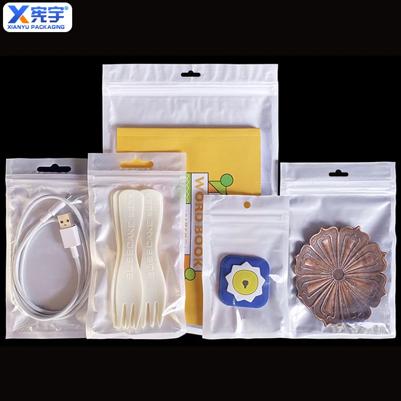White transparent self sealing zipper plastic bag polyester film storage bag with holes suitable for mobile phone USB data cable