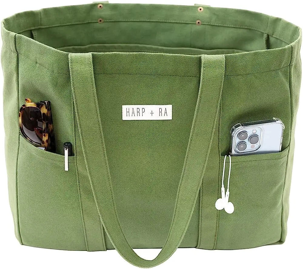 Large Canvas Tote Bag Utility Tote with 2 Front Pockets and Laptop Sleeve Teacher Bag in 16 Oz Organic Cotton