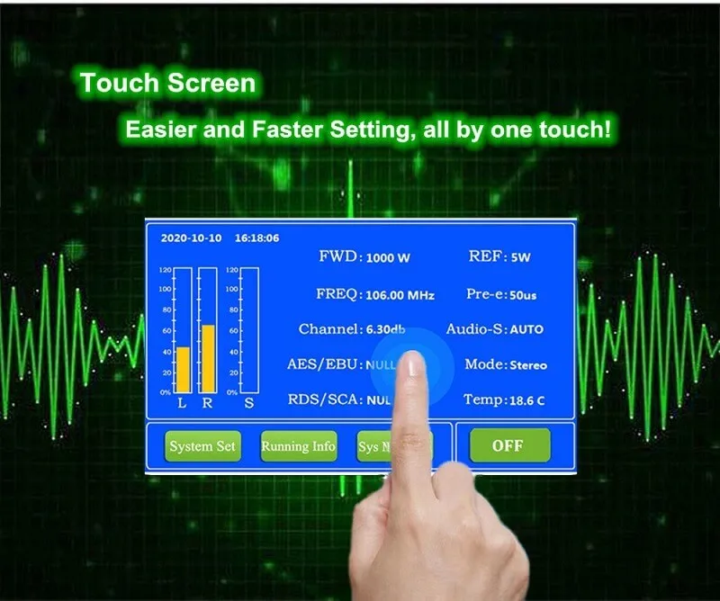 Digital 1200 watt Touch Screen YXHT-2 1.2KW FM Transmitter + 1-Bay Antenna + 30 Meters Cables with Connector 3 Equipments