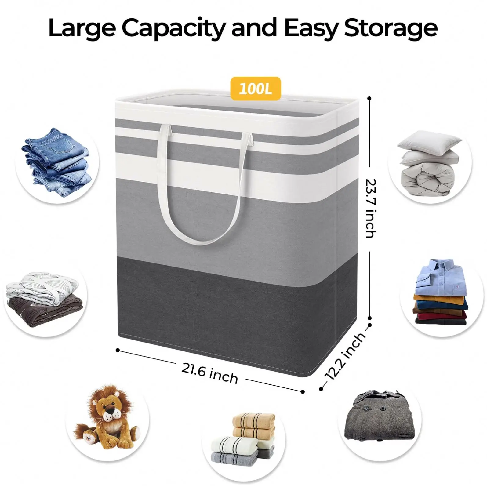 Large Laundry Basket, Waterproof, Freestanding Laundry Hamper, Collapsible Tall Clothes Hamper with Extended Handles
