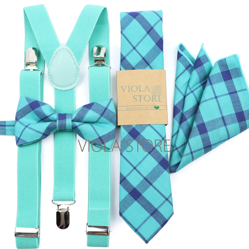 Navy Brown Mint Green Elastic Suspender Plaid Cotton Bow 6cm Tie Pocket Square Set Men Wedding Party Brace Cravat Gift Accessory