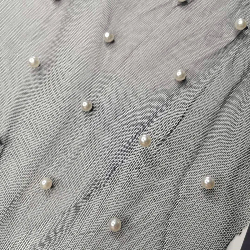 Poly Mesh with Pearl Fabric Embroidery Customized Design Lace Beads 100% Polyester Embroidered Eco-friendly Support