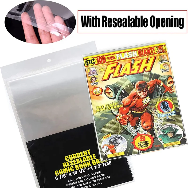 Opp Current 2Mil Resealable Golden Bag Eco-Friendly Regular Drawing Mylar Plastic Book Bags For Comics
