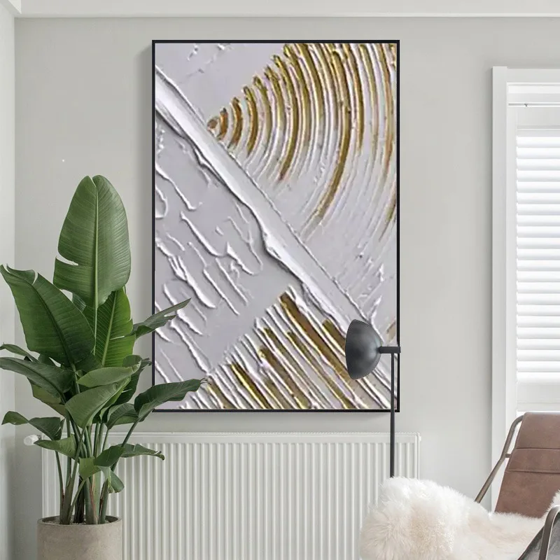 Modern Abstract 3D Oil Painting White And Gold Thick Texture Wall Art Handmade Acrylic On Canvas Hand Painting Wall Art