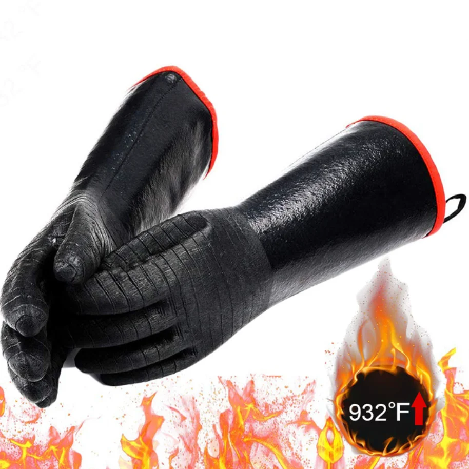 Long BBQ grill gloves 500 Degree Heat High Temperature Resistant Glove For Grill Fireproof Black Neoprene Thicken Gloves