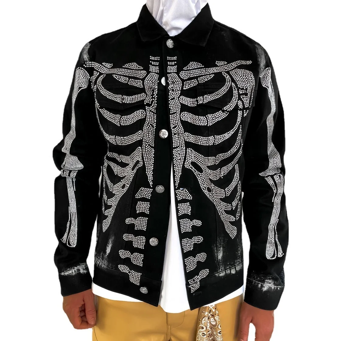 Мужская хлопковая джинсовая куртка, черная Повседневная джинсовая куртка со стразами в уличном стиле, большие размеры, 2022