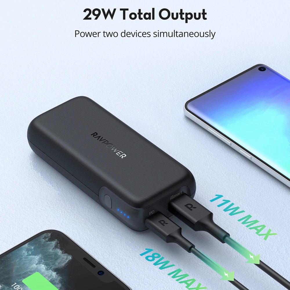 RAVPower Latest 10000 mAh 20W black powerbank mini power bank portable charger 10000mah USB+PD power bank with cable