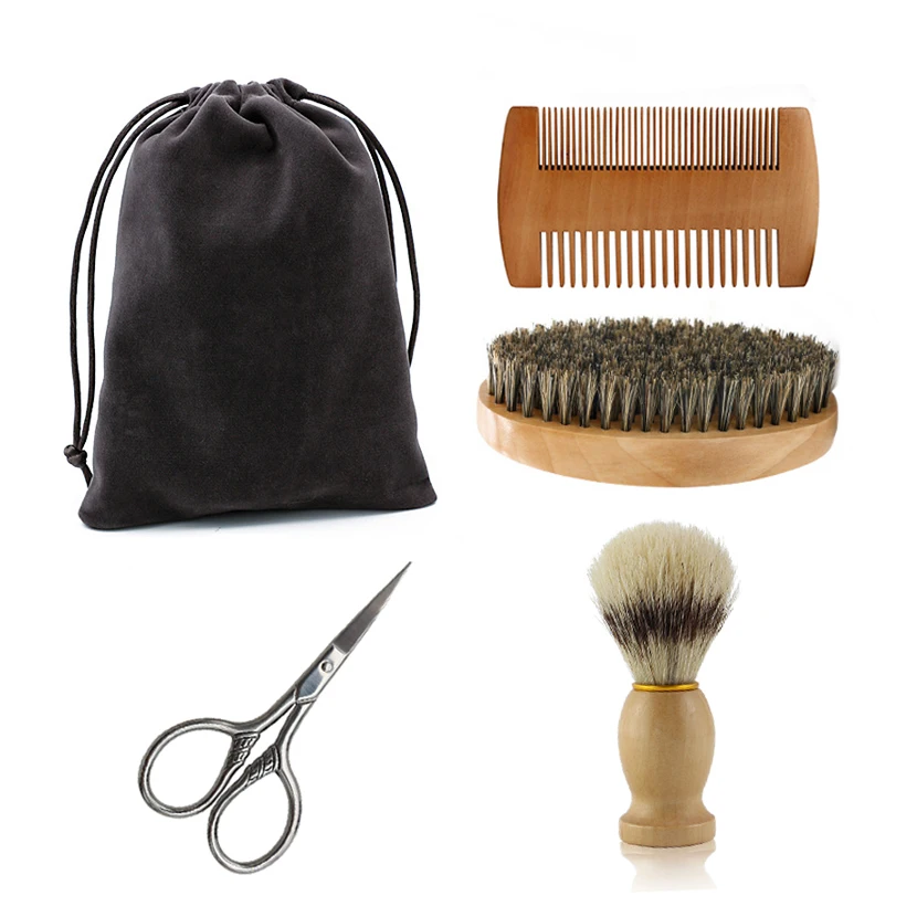Private Label Beard Wooden Comb Wood Brush Boar Bristle Mens Grooming Kit Gift Set