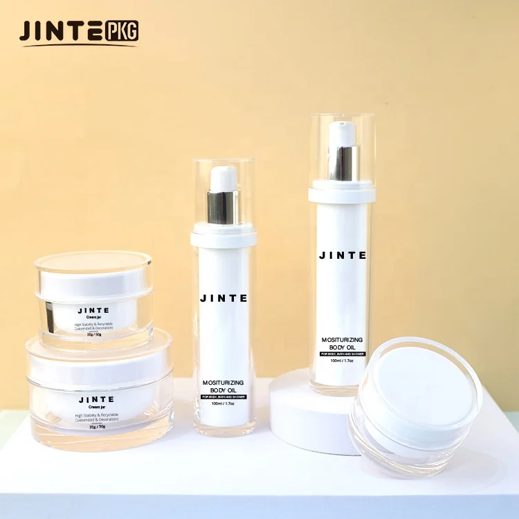 New Acrylic Cosmetic  Skincare Packaging Set   30ml 50ml 100ml Custom Clear Serum Pump Spray Bottles And Cream Jars