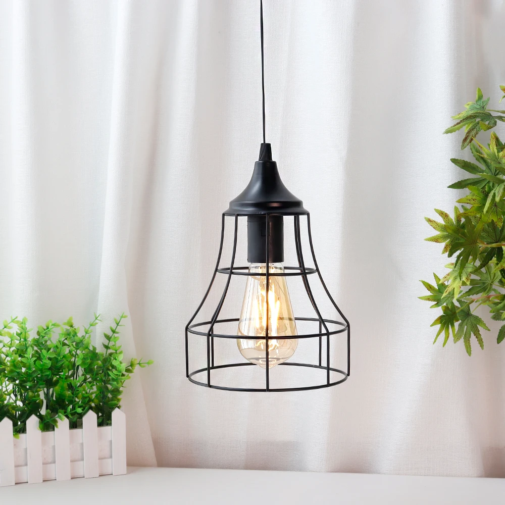 Hanging Lamp Black Battery Powered Decorative Pendant Lamp Metal Cage Battery Lamp with 6 Hours Timer for Bar Bedroom