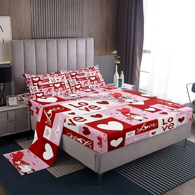 Valentine Day Bed Sheets Girls Red Heart-Shaped Romantic Fitted Sheet Girly Cute Heart Pattern Sheet Set For Child & Adult