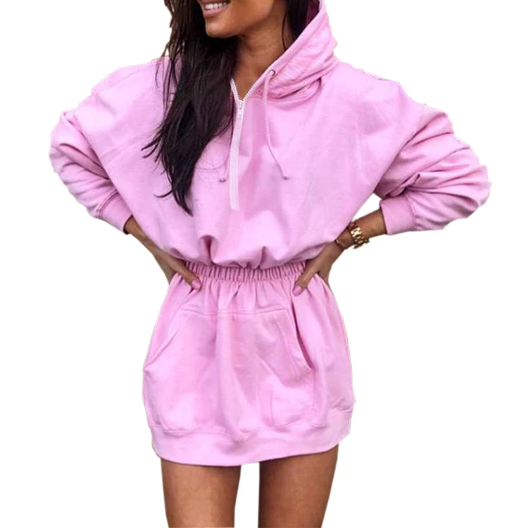 
2020 Fashionable Plain Pockets Pullover Casual Women Long Sleeve Collect Waist Straight Hoodie Dress 