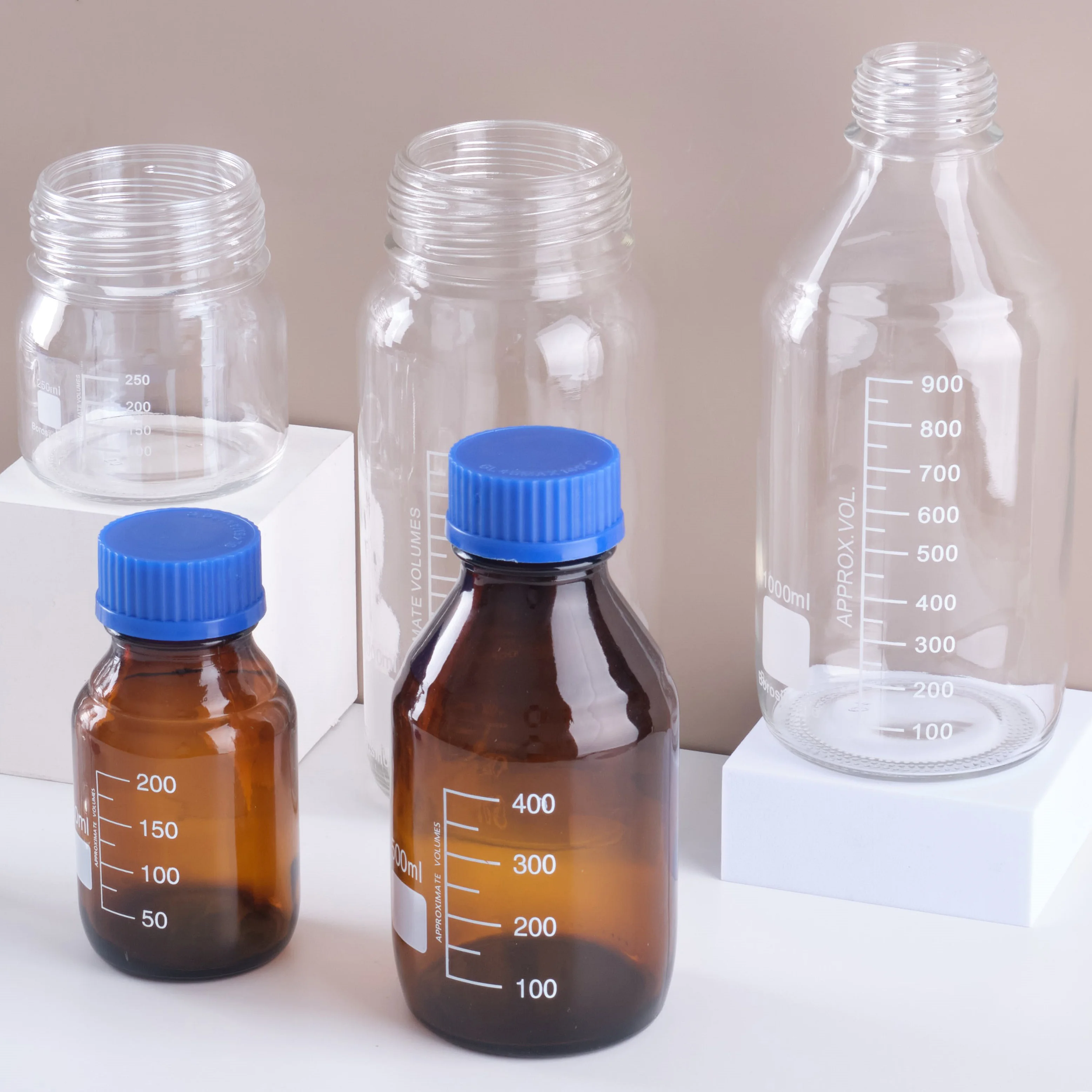 GL45 GL80 500ML 1000ML Chromatographic Analysis Blue Screw Cap Clear Glass Reagent Bottle With Scale