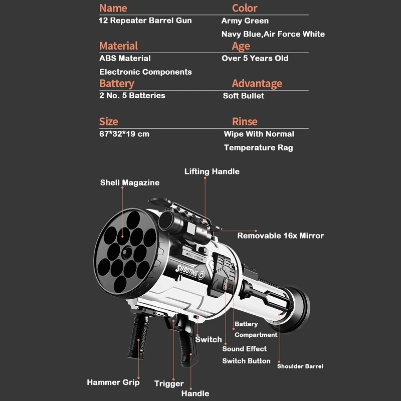 12 Burst Mortar Electric Rocket Launcher Simulation Gatling Mortar shell  Ejecting Realistic Toy Guns Soft Bullet For Kids