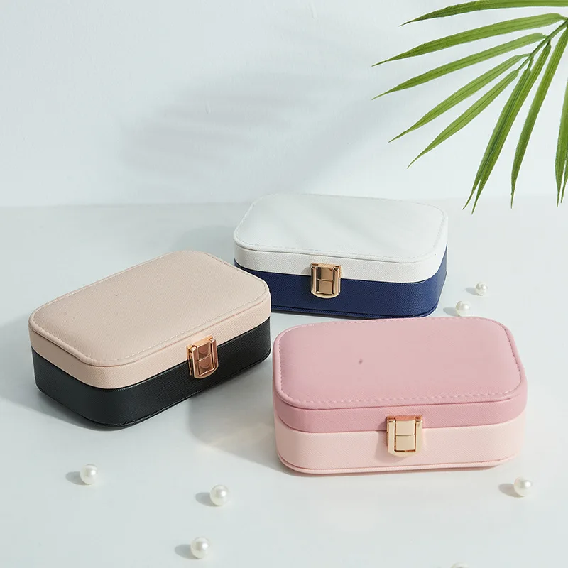 Fashion large capacity two-color matching jewelry box with mirror travel jewelry storage box PU material custom logo jewelry box