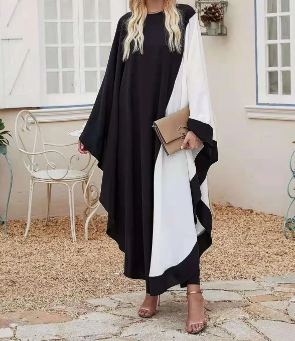 2023 latest design luxury batwing sleeve abaya hijab chiffon black&white patchwork Islamic clothing kaftan style muslim dress