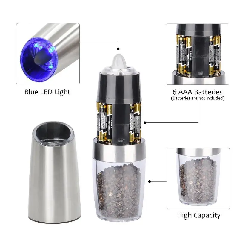 Hot Selling Gravity Electric Pepper and Salt Grinder Set, Adjustable Coarseness, Battery Powered with LED Light