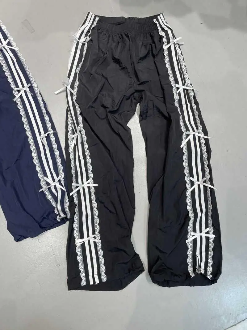 Bomblook Z1029PT01 2024 Striped Lace Bow Cargo Casual Pants Loose Sporty Trousers Slim Fashion Sweatpants for Women