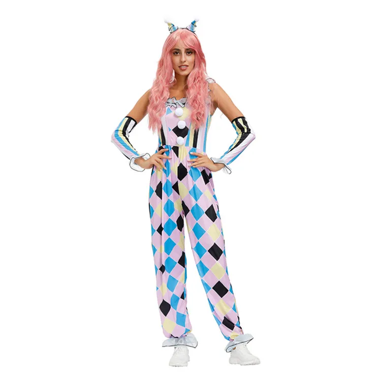Wholesale Carnival Halloween Party Cosplay Clown Costume Circus Checkered Jumpsuit