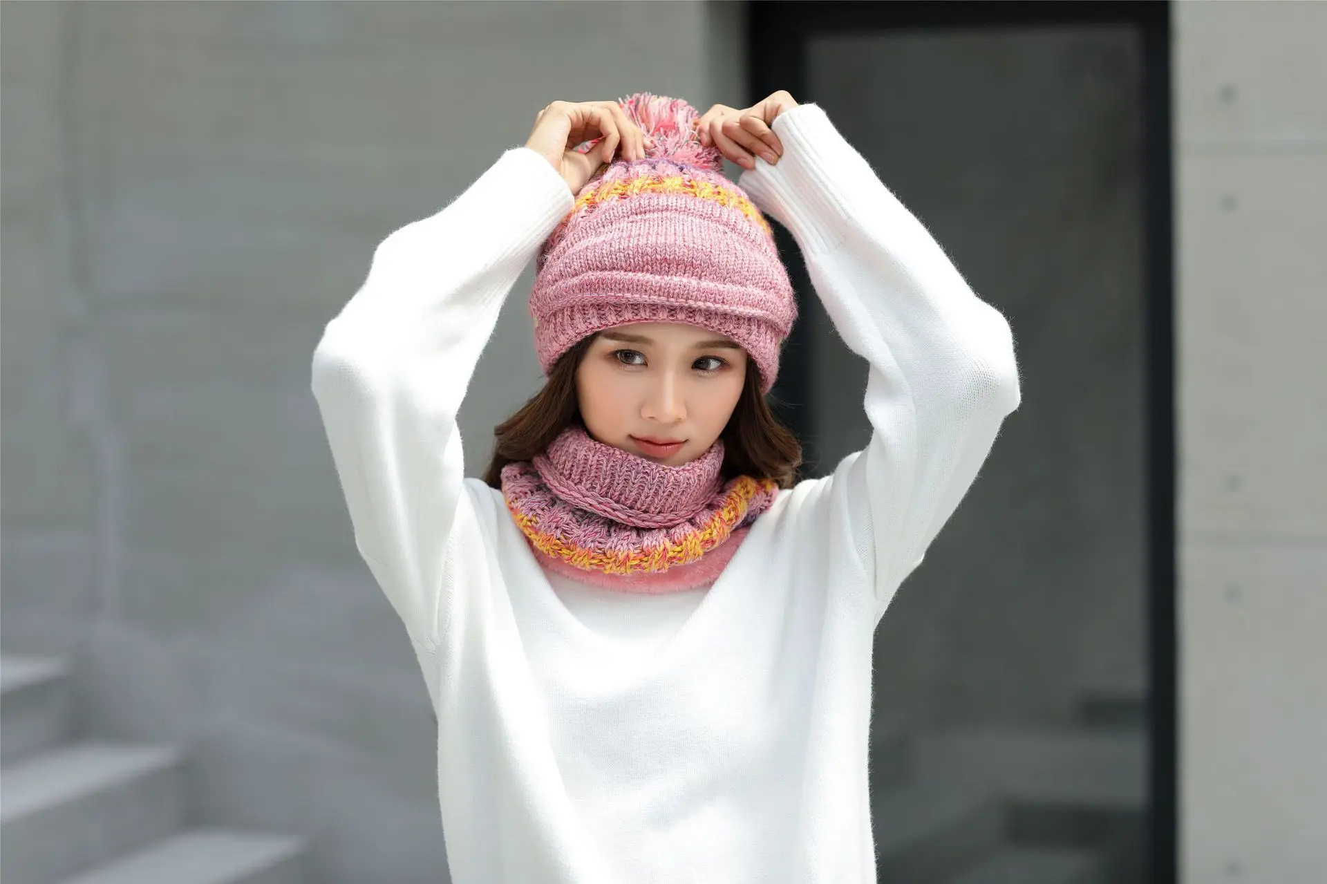 Visrover New Winter Knitted Cashmere Scarf Hat Set Motor Driver Windproof Sets Ear Cuff Cap Neck Three Set for Women