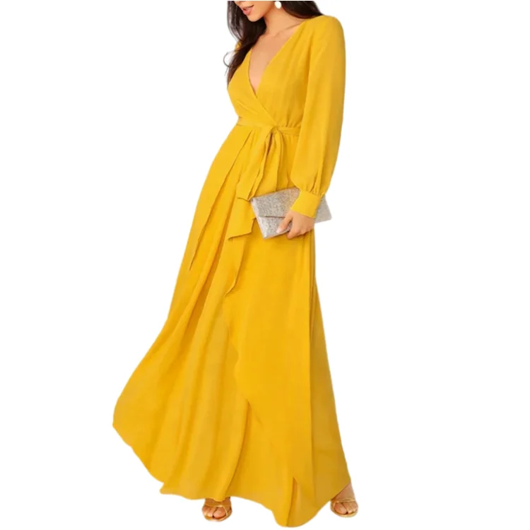 2022 long sleeves Fashion factory Custom Lady Chiffon Ruffle Maxi Tunic Dress Vestidos Women Elegant Summer Casual Dresses