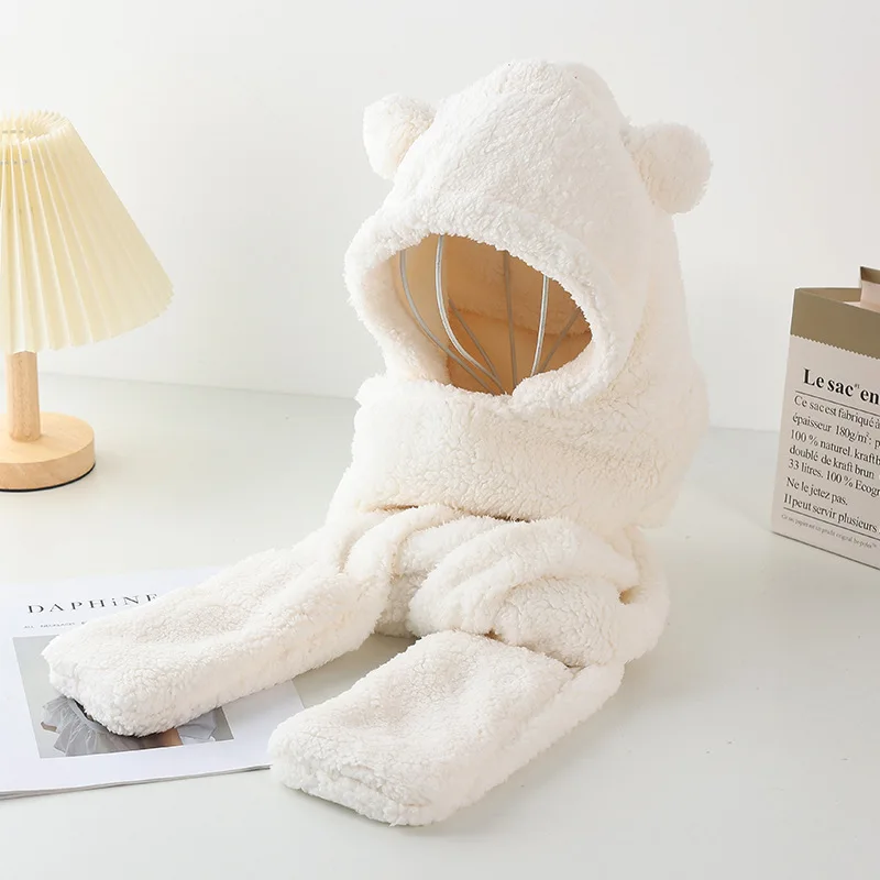 Winter bear thick ear warm hat scarf gloves 3-in-1 plush hat