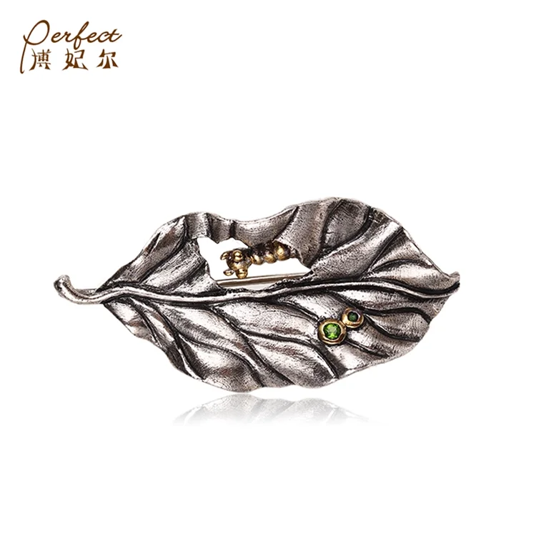 Perfect Custom Design High Quality Leaf Shape Brooch 925 Sterling Silver Diopside