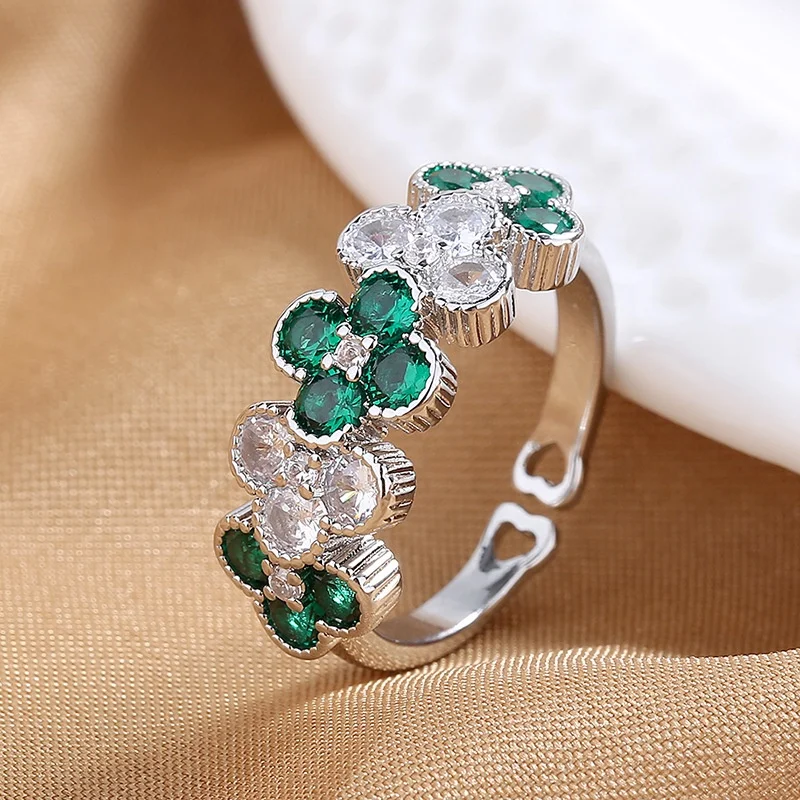 Light Luxury Crystal Silver Rings Micro Pave Diamond Emerald Ruby Rings For Women Party Wedding Jewelry
