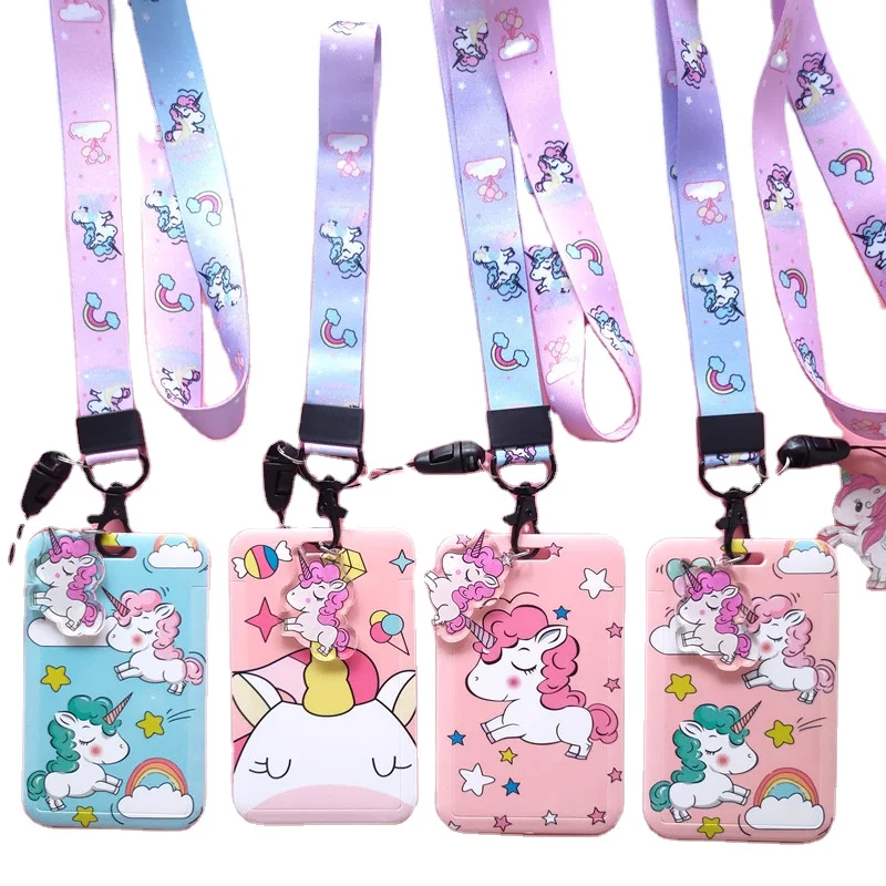 High Quality Plastic USB Accessories Shell Lovely Cartoon Unicorn Back Pendant Student Name Badge Card Case with Lanyard Cover