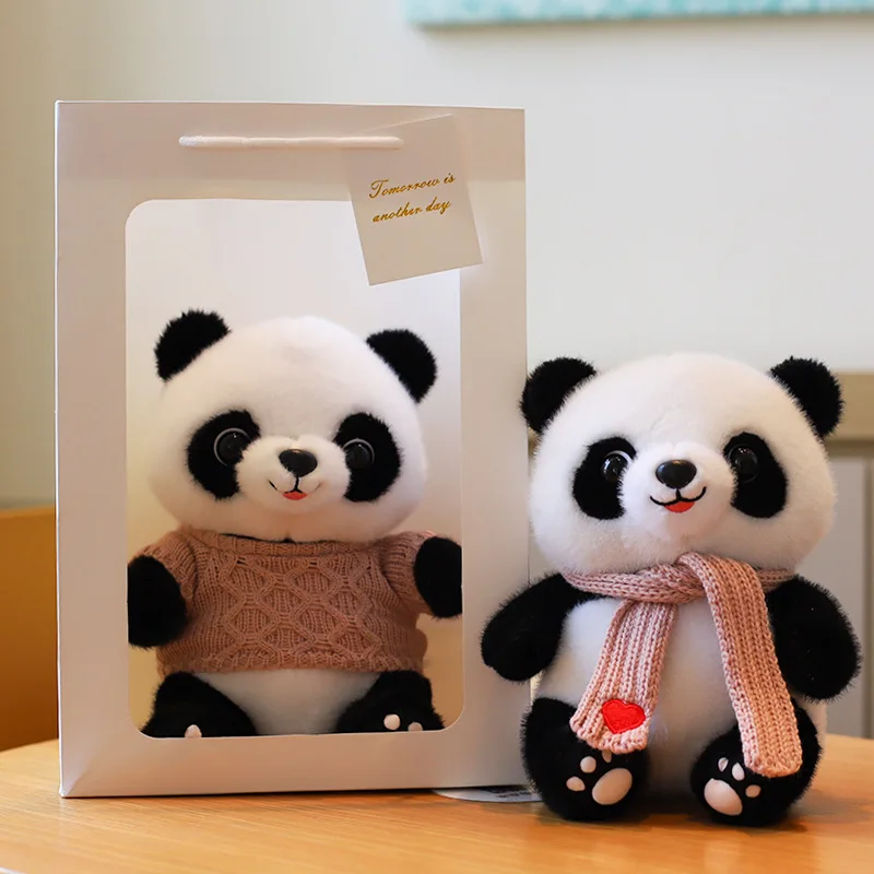 25cm Unisex Cute Simulation Panda Doll with Scarf Sweater and Plush Toy Usb Birthday OPP Bag Bear PP Cotton Filled Gift for Kids