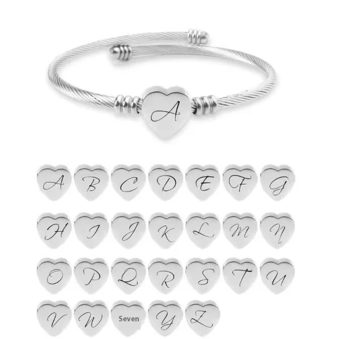 Custom letter Size Colors Titanium Steel Bracelet 26 Letter Open Model Steel Wire Braided Heart Bracelet for Wedding