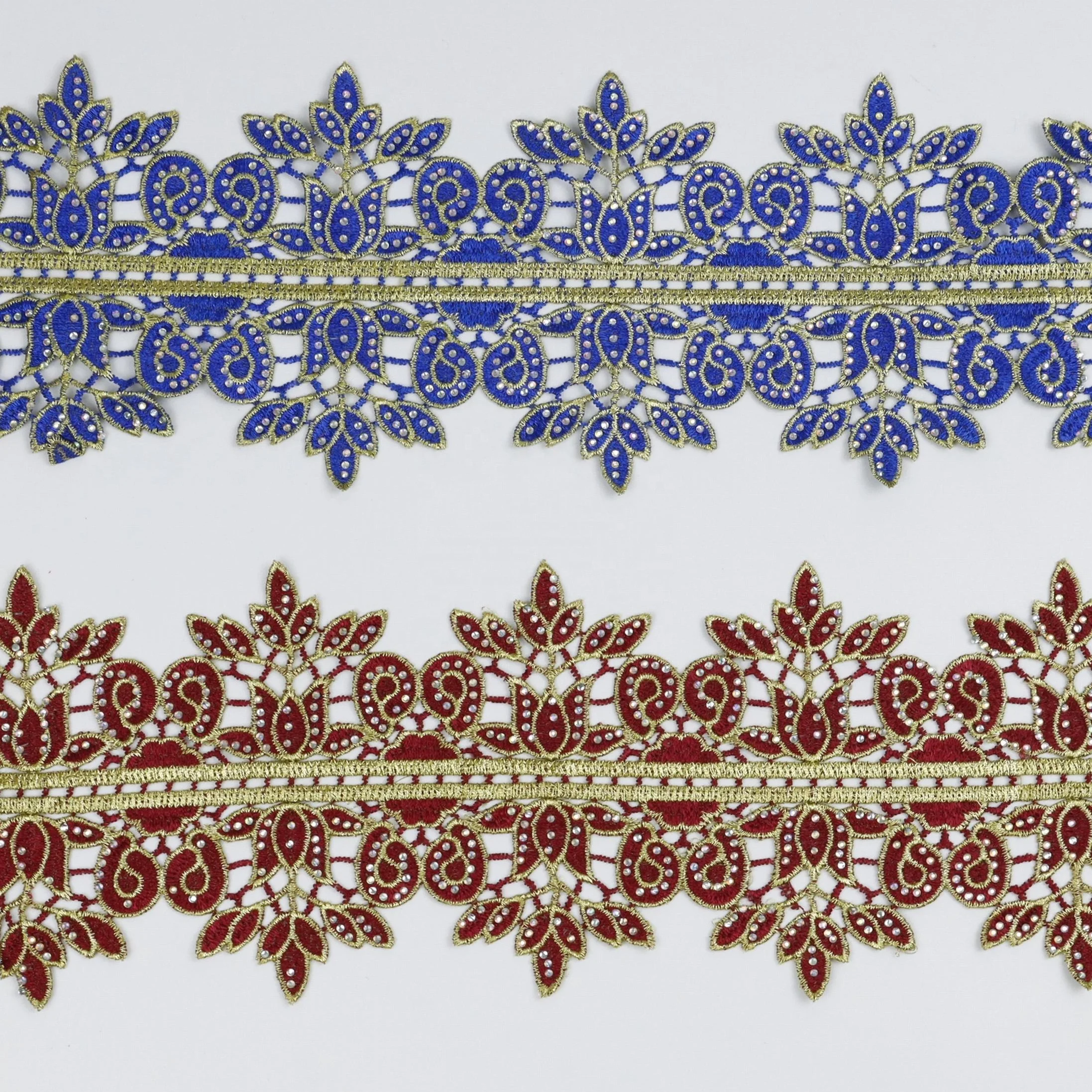 Encaje con pedreria Hot fix rhinestone with gold metallic thread embroidery border lace trim custom sequin beads embroidery trim