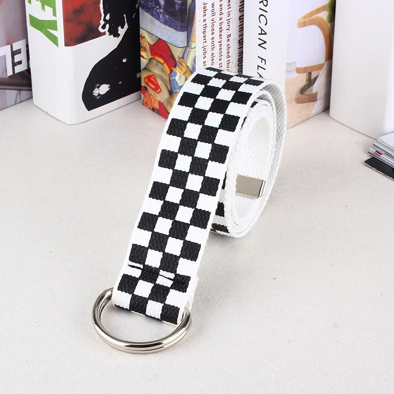 Chinber Fashion Black Red Plaid Pattern Double D Ring Canvas Waist Belts